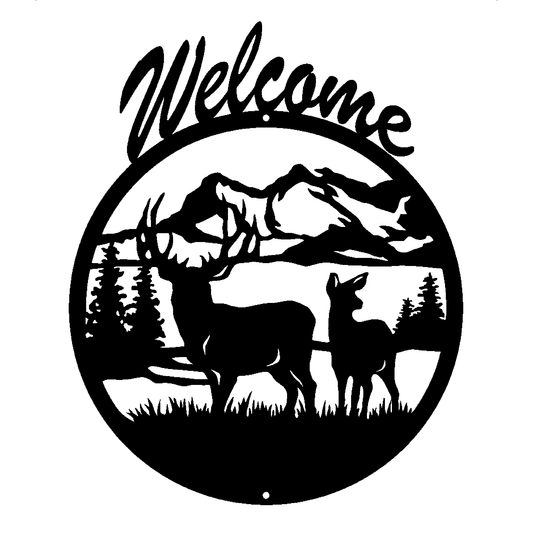 Welcome Deer & Mountains Round Sign